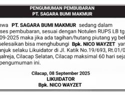 Pengumuman Pembubaran PT. SAGARA BUMI MAKMUR