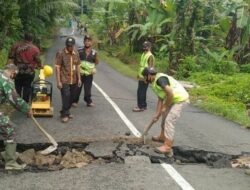 Melihat Adanya Jalan Amblas di Madusari Wanareja, Ini yang Dilakukan Aparat TNI