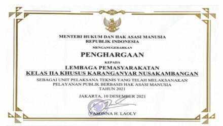 Lapas Khusus Kelas IIA Karanganyar Nusakambangan Sukses Raih Penghargaan Pelayanan Publik Berbasis HAM
