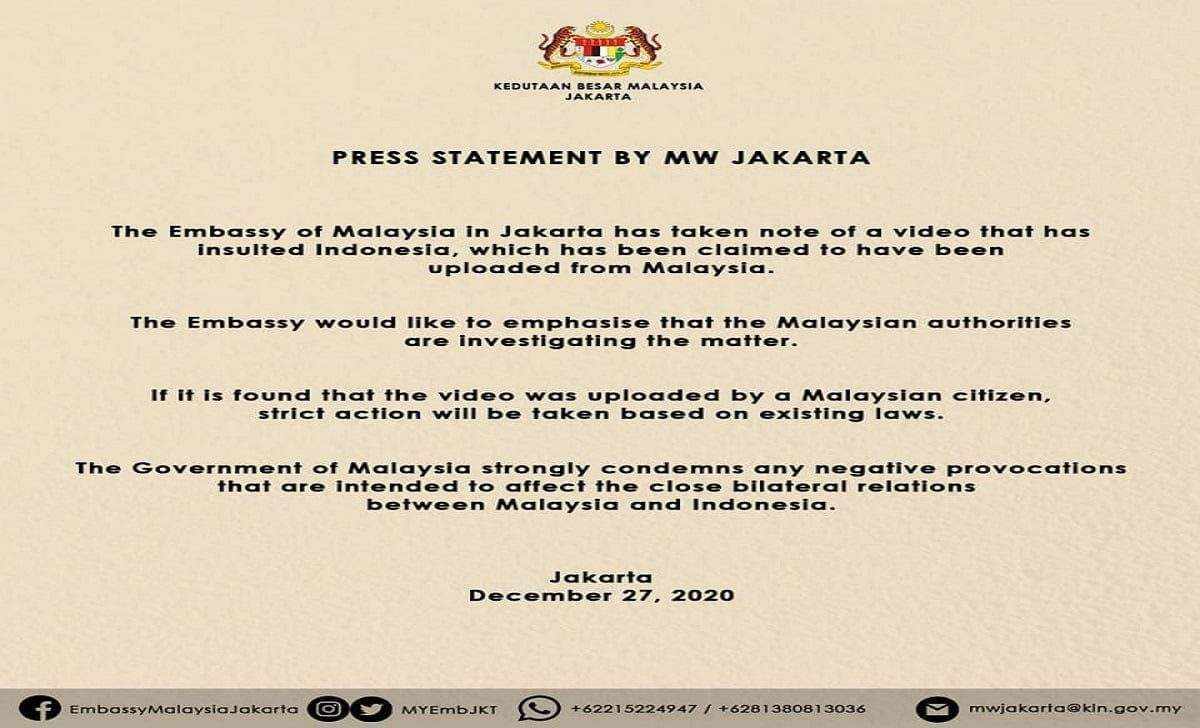 statement from the malaysian embassy in jakarta