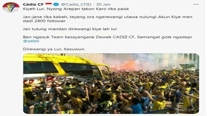 tangkapan layar admin Cadiz CF Indonesia Gunakan bahasa ngapak